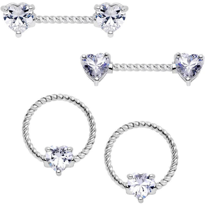 Statement Lip Rings for Trendsetters14 Gauge Clear CZ Gem Heart Twisted BCR Ring Barbell Nipple Ring Set