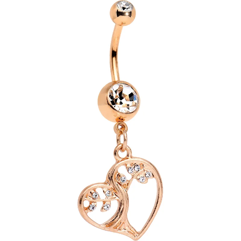 Stylish Belly Rings for Bold Fashion Choices -Clear Gem Rose Gold Anodized Tree of Life Heart Dangle Belly Ring Stylish Belly Rings for Bold Fashion Choices -Clear Gem Rose Gold Anodized Tree of Life Heart Dangle Belly Ring
