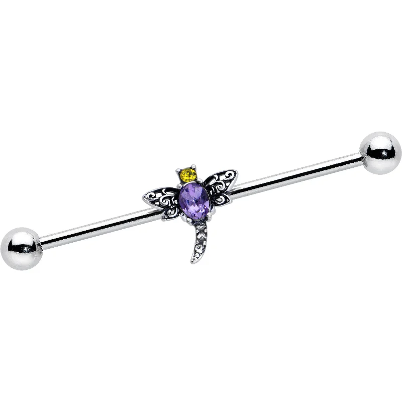 Women's Earrings – Elegant Designs for Every Personality--14 Gauge Purple Yellow Gem Dragonfly Industrial Barbell 38mm