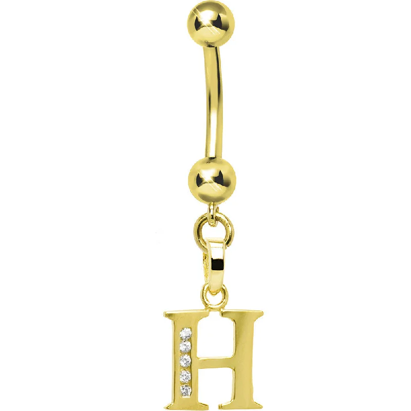 Unique Belly Rings with Artistic Design -16 Gauge Solid 14kt Yellow Gold CZ Initial H Belly Ring