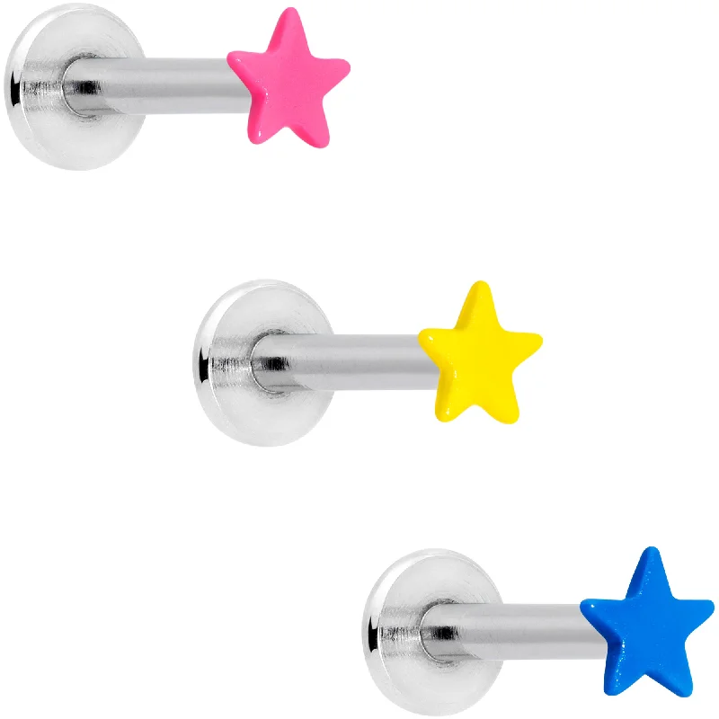 Fashion-Forward Lip Rings with Modern Flair16 Gauge 5/16 Blue Pink Yellow Glow Star Labret Set of 3 Fashion-Forward Lip Rings with Modern Flair16 Gauge 5/16 Blue Pink Yellow Glow Star Labret Set of 3