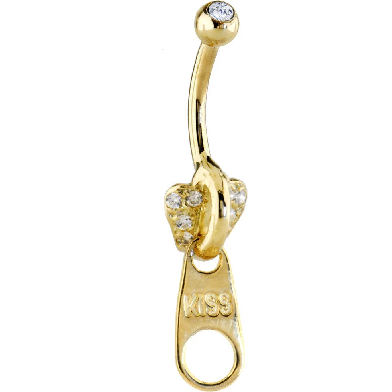 Comfortable Belly Rings with Vibrant Shine -16 Gauge Solid 14KT Yellow GOLD CZ Paved KISS ZIPPER Belly Ring Comfortable Belly Rings with Vibrant Shine -16 Gauge Solid 14KT Yellow GOLD CZ Paved KISS ZIPPER Belly Ring