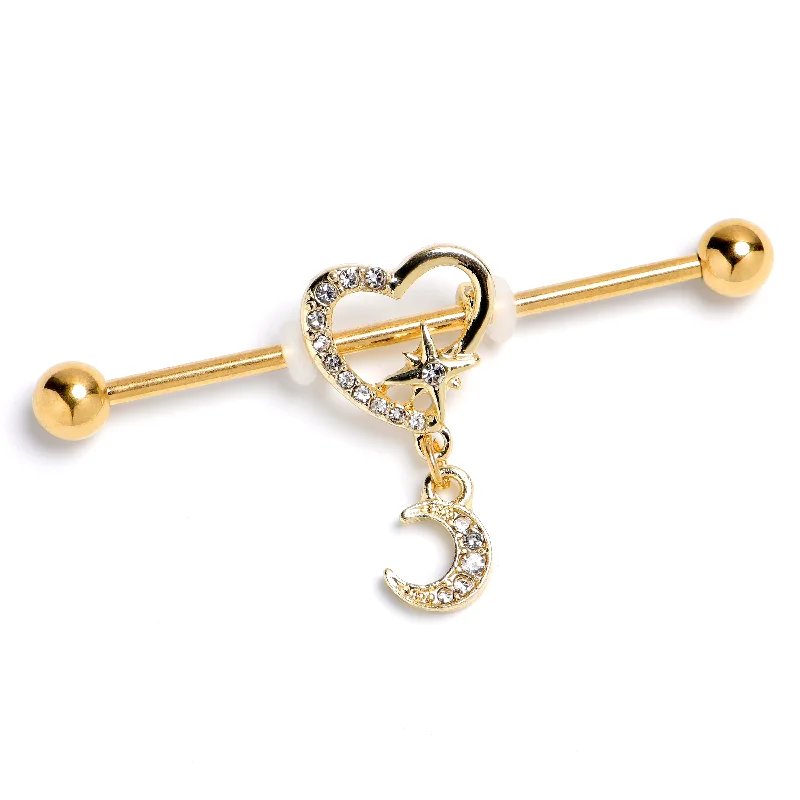 Women's Earrings – Elegant Designs for Every Personality--14 Gauge Clear Gem Gold Tone Heart Moon Dangle Industrial Barbell 38mm