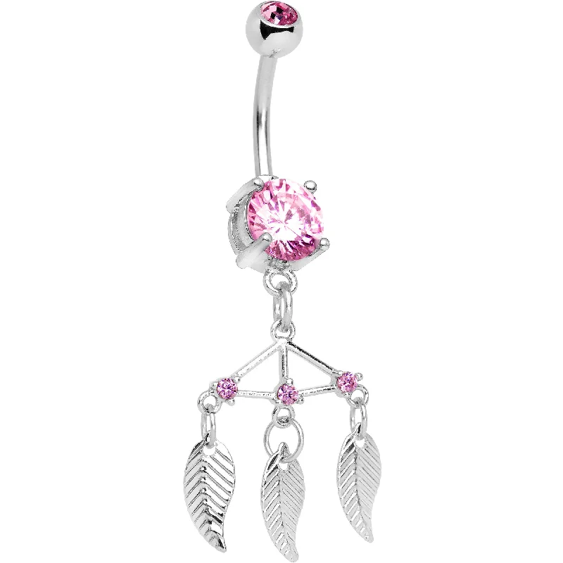 Designer Belly Rings with Stunning Detailing -Pink CZ Gem Free Spirit Feather Dangle Belly Ring