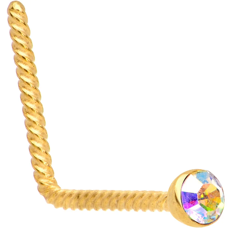 Nose Rings with Copper Finish -Aurora 2mm Gem Inlay Gold IP So Twisted L Shaped Nose Ring Nose Rings with Copper Finish -Aurora 2mm Gem Inlay Gold IP So Twisted L Shaped Nose Ring