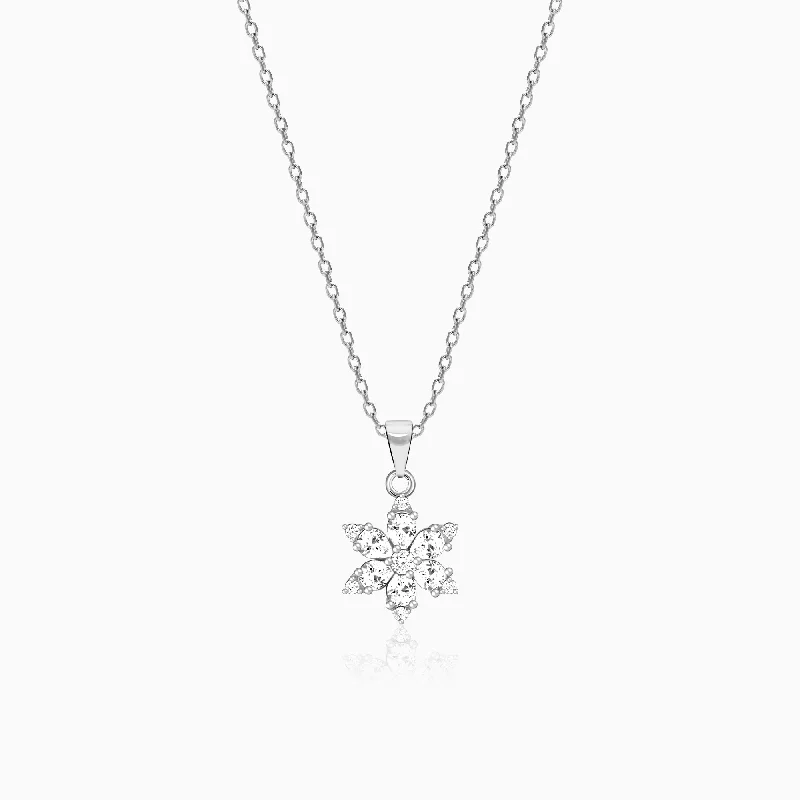 Shop Classic Women's Necklaces & Pendants with a Modern Twist-Silver Flowery Snowflake Pendant With Link Chain Shop Classic Women's Necklaces & Pendants with a Modern Twist-Silver Flowery Snowflake Pendant With Link Chain