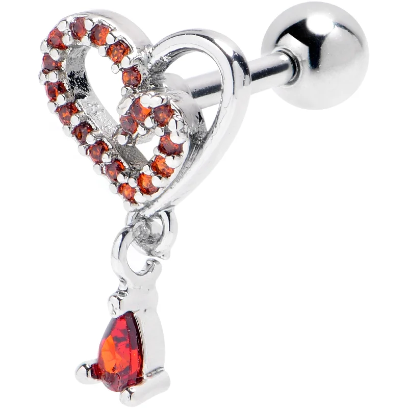 Women's Earrings – Elegant Designs for Every Personality--16 Gauge 1/4 Red CZ Gem Asymmetrical Heart Dangle Cartilage Earring