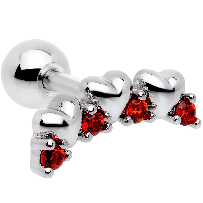 Women's Earrings – Elegant Designs for Every Personality--16 Gauge 1/4 Red CZ Gem Tiny Hearts Cartilage Tragus Earring