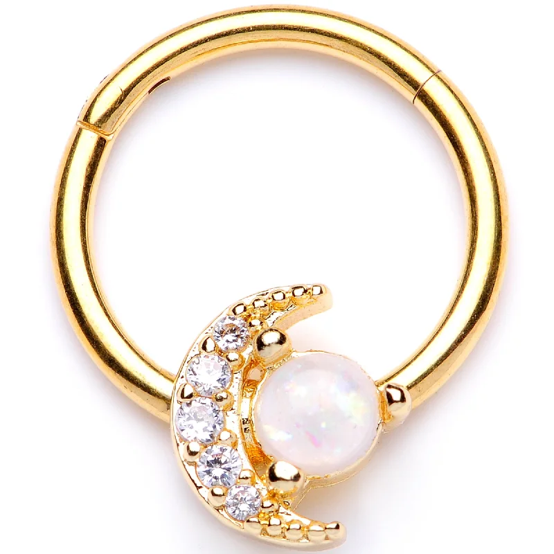 Chic Nose Rings for Classic Looks -16 Gauge 3/8 White Faux Opal Gold Tone Moon Hinged Segment Ring Chic Nose Rings for Classic Looks -16 Gauge 3/8 White Faux Opal Gold Tone Moon Hinged Segment Ring