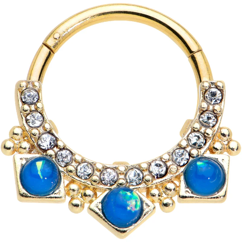Nose Rings for Chic Look -16 Gauge 3/8 Blue Faux Opal Gold Tone Squares Hinged Segment Ring Nose Rings for Chic Look -16 Gauge 3/8 Blue Faux Opal Gold Tone Squares Hinged Segment Ring