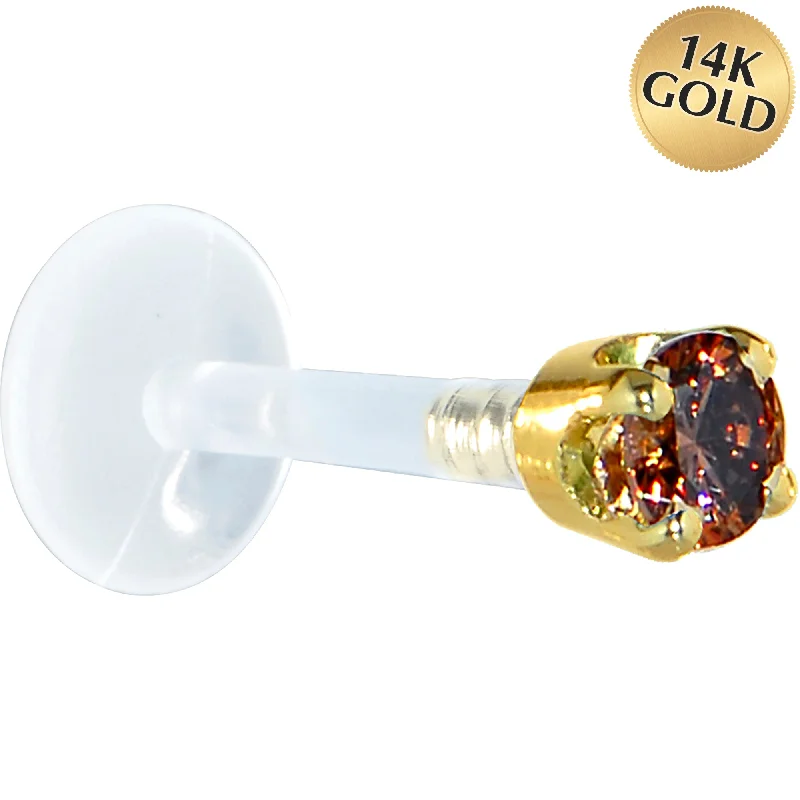 Women's Earrings – Elegant Designs for Every Personality--16 Gauge 5/16 Solid 14KT Yellow Gold 3mm Brown Cubic Zirconia Bioplast Tragus Earring Stud
