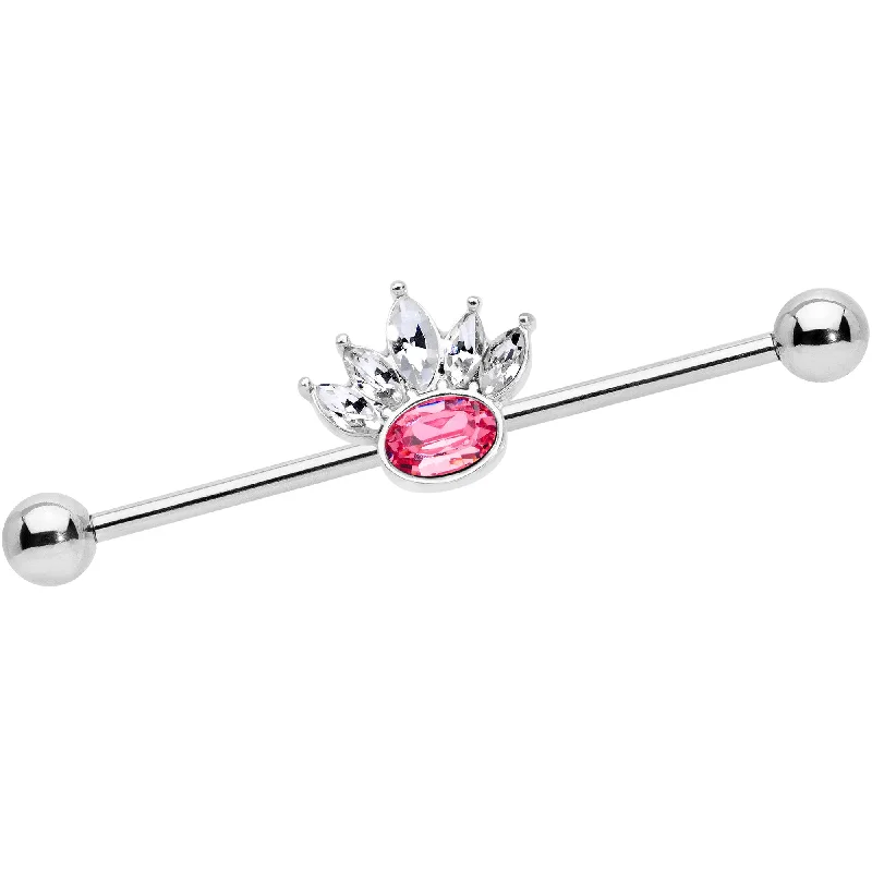 Women's Earrings – Elegant Designs for Every Personality--14 Gauge Clear Pink Gem Crown Industrial Barbell 38mm