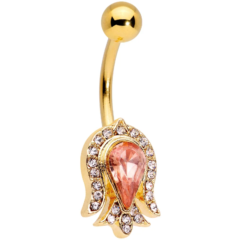 Trendy Belly Rings for Unique Fashion -Pink Gem Gold Tone Plated Tulip Flower Belly Ring Trendy Belly Rings for Unique Fashion -Pink Gem Gold Tone Plated Tulip Flower Belly Ring