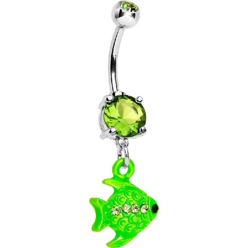 Stylish Belly Rings for Glamorous Look -Green Gem Neon Angel Fish Dangle Belly Ring
