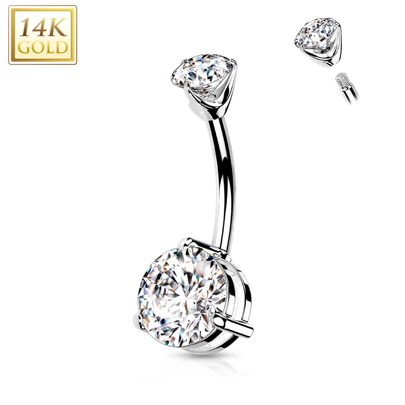 Stylish Belly Rings with Creative Detailing -14kt Solid White Gold Double Prong Set Cubic Zirconia Belly Ring Stylish Belly Rings with Creative Detailing -14kt Solid White Gold Double Prong Set Cubic Zirconia Belly Ring