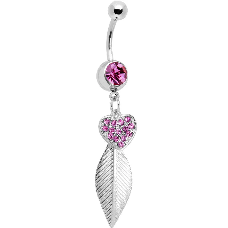 Belly Rings for Fashionable Women -Pink Gem Heart of Palm Leaf Belly Ring