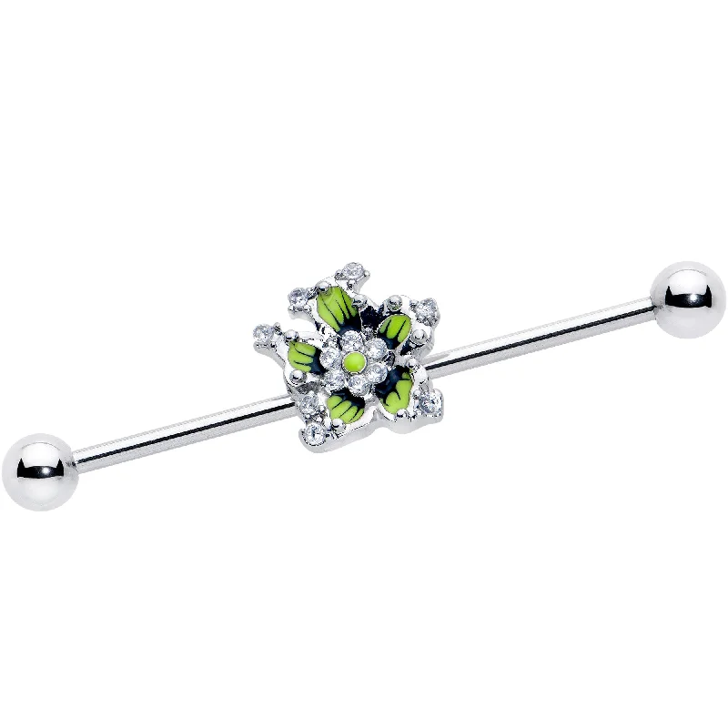 Women's Earrings – Elegant Designs for Every Personality--14 Gauge Clear CZ Gem Go Green Flower Industrial Barbell 38mm Women's Earrings – Elegant Designs for Every Personality--14 Gauge Clear CZ Gem Go Green Flower Industrial Barbell 38mm