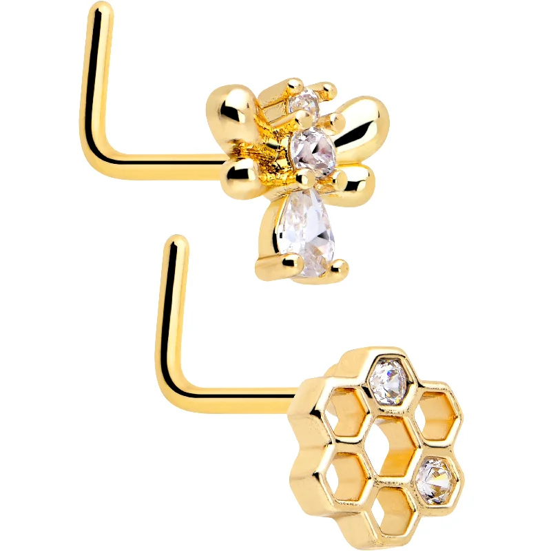 Elegant Designer Nose Rings for Special Occasions -20 Gauge 7mm Clear CZ Gem Gold Tone Bee Hive Luv L Shape Nose Ring Set of 2 Elegant Designer Nose Rings for Special Occasions -20 Gauge 7mm Clear CZ Gem Gold Tone Bee Hive Luv L Shape Nose Ring Set of 2