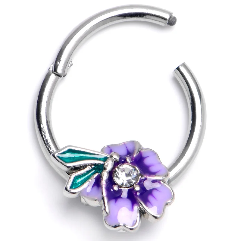 Designer Nose Rings -16 Gauge 3/8 Clear Gem Flower Purple Beauty Hinged Segment Ring