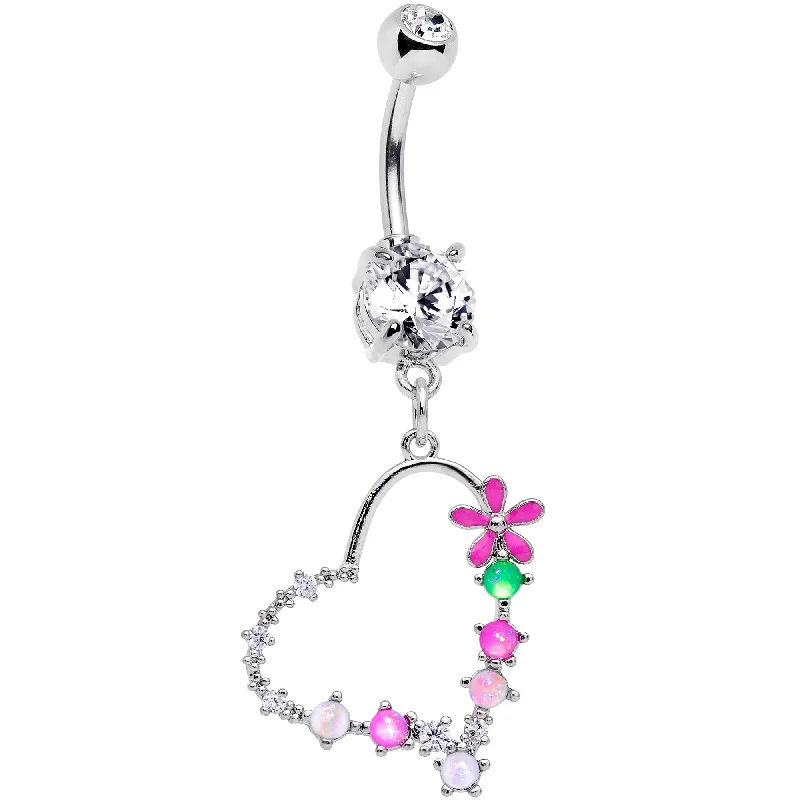 Trendy Belly Rings for Chic Women -Clear CZ Gem Green White Faux Opal Flower Heart Dangle Belly Ring Trendy Belly Rings for Chic Women -Clear CZ Gem Green White Faux Opal Flower Heart Dangle Belly Ring