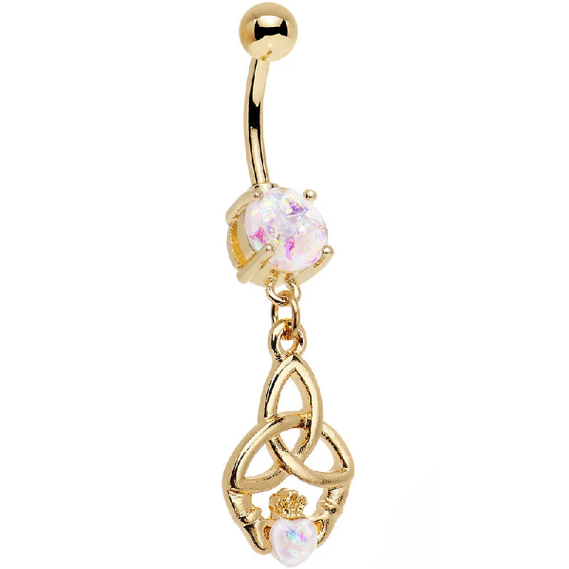 Stylish Belly Rings for Special Moments -White Faux Opal Gold Anodized Trinity Claddagh Dangle Belly Ring Stylish Belly Rings for Special Moments -White Faux Opal Gold Anodized Trinity Claddagh Dangle Belly Ring
