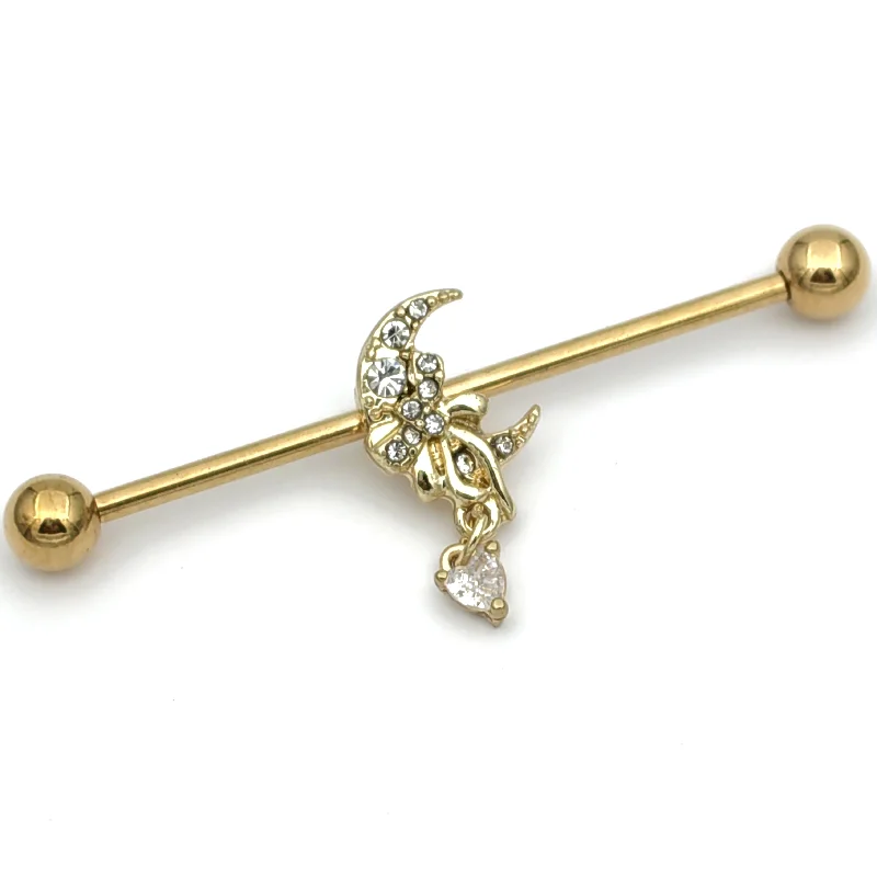 Women's Earrings – Elegant Designs for Every Personality--14 Gauge Clear CZ Gem Gold Tone Moon Bow Heart Industrial Barbell 38mm Women's Earrings – Elegant Designs for Every Personality--14 Gauge Clear CZ Gem Gold Tone Moon Bow Heart Industrial Barbell 38mm