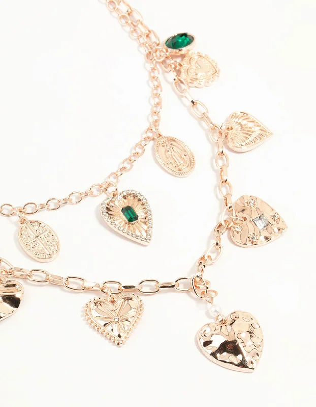 Shop Classic Women's Necklaces & Pendants with a Modern Twist-Rose Gold Heart & Green Diamante Charm Layered Necklace Shop Classic Women's Necklaces & Pendants with a Modern Twist-Rose Gold Heart & Green Diamante Charm Layered Necklace