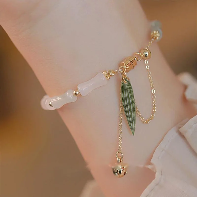 Beautiful Personalized Bangles for Women-Buddha Stones 14K Gold Plated Hetian White Jade Bamboo Leaf Luck Protection Bracelet Beautiful Personalized Bangles for Women-Buddha Stones 14K Gold Plated Hetian White Jade Bamboo Leaf Luck Protection Bracelet
