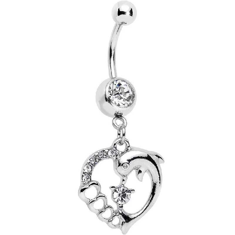 Comfortable Belly Rings for Smooth Feel -Clear Gem Complete Heart Dolphin Dangle Belly Ring Comfortable Belly Rings for Smooth Feel -Clear Gem Complete Heart Dolphin Dangle Belly Ring