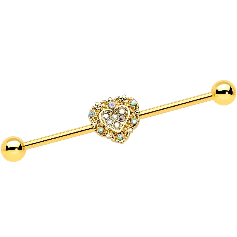 Women's Earrings – Elegant Designs for Every Personality--14 Gauge Aurora Gem Gold Tone Baroque Heart Industrial Barbell 38mm