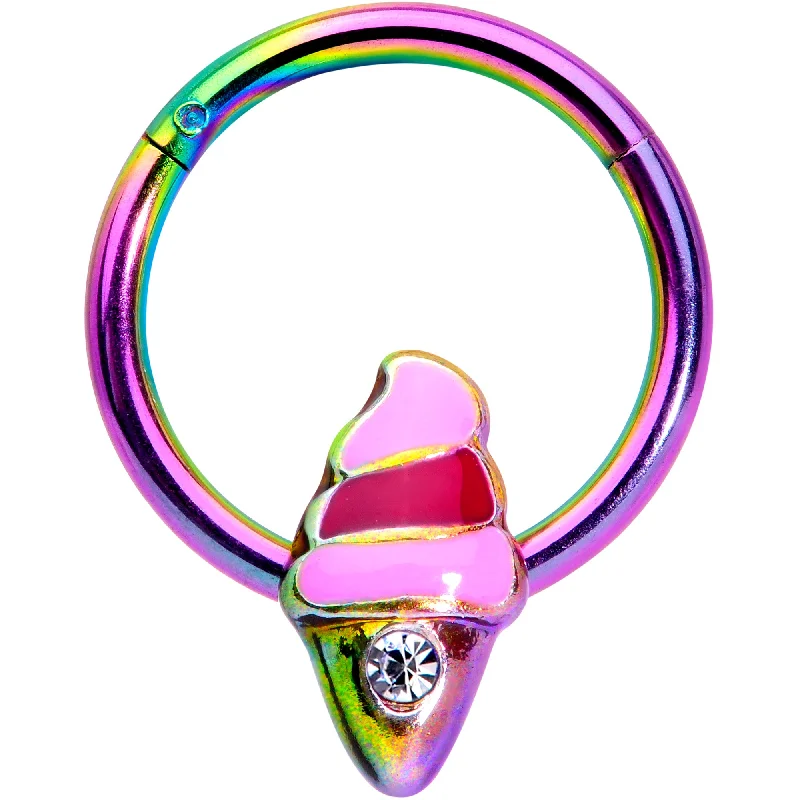 Beautiful Nose Rings with Sparkles -16 Gauge 3/8 Clear Gem Rainbow Ice Cream Cone Hinged Segment Ring Beautiful Nose Rings with Sparkles -16 Gauge 3/8 Clear Gem Rainbow Ice Cream Cone Hinged Segment Ring