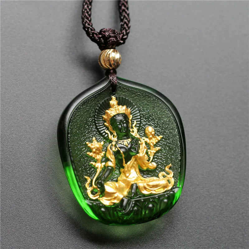 Shop Classic Women's  Necklaces & Pendants with a Modern Twist-Buddha Stones Tibetan Green Tara Buddha Gold Plated Liuli Crystal Protection Necklace Pendant