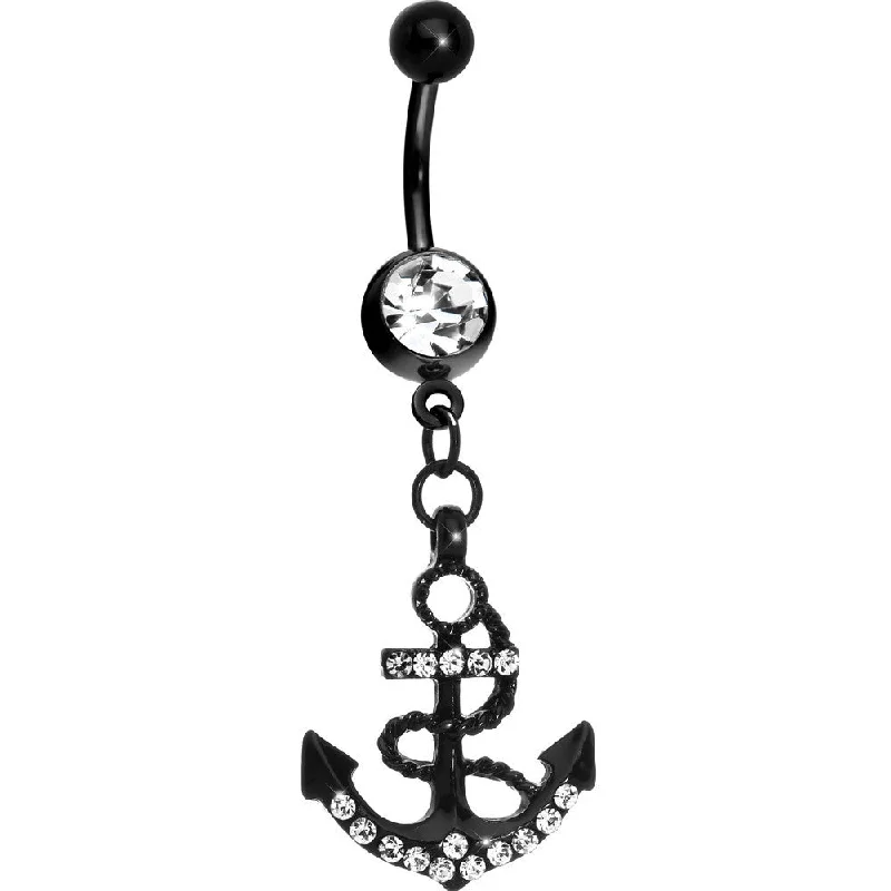 Elegant Belly Rings for Classic Fashion -Crystalline Gem Paved Black Anchor Dangle Belly Ring Elegant Belly Rings for Classic Fashion -Crystalline Gem Paved Black Anchor Dangle Belly Ring