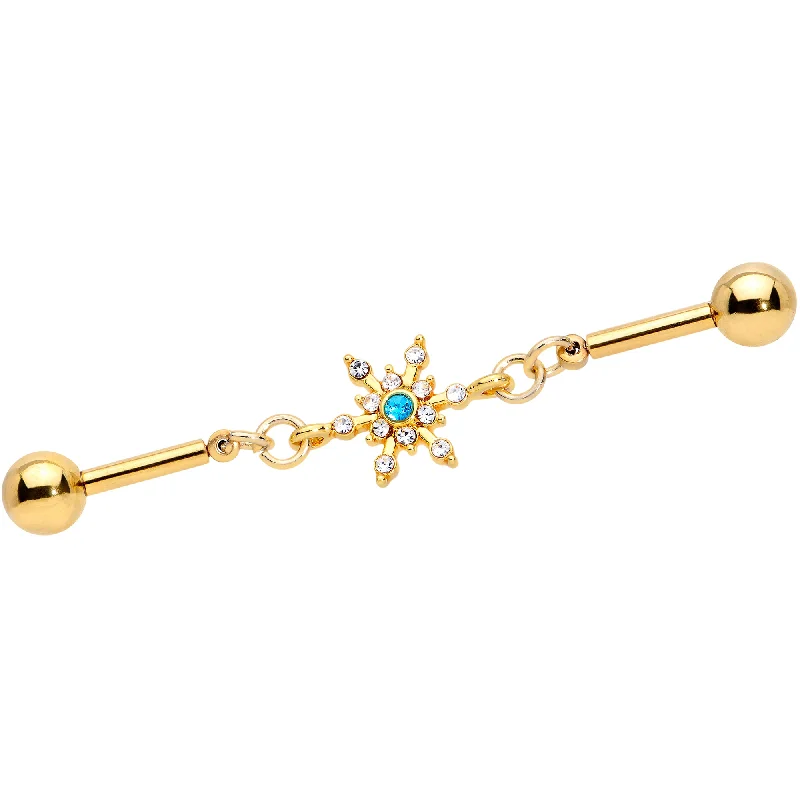 Women's Earrings – Elegant Designs for Every Personality--14 Gauge Blue CZ Gem Gold Hue Snowflake Double Industrial Barbell 38mm Women's Earrings – Elegant Designs for Every Personality--14 Gauge Blue CZ Gem Gold Hue Snowflake Double Industrial Barbell 38mm
