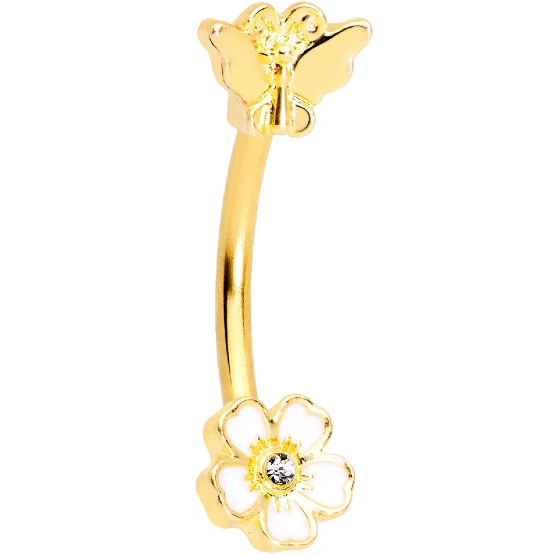 Women's Earrings – Elegant Designs for Every Personality--16 Gauge 3/8 Clear Gem Gold Tone White Posy Flower Curved Eyebrow Ring Women's Earrings – Elegant Designs for Every Personality--16 Gauge 3/8 Clear Gem Gold Tone White Posy Flower Curved Eyebrow Ring