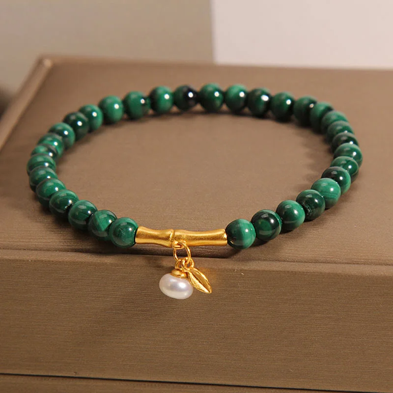 Silver Bangles for Women-Buddha Stones Natural Malachite Pearl Lucky Bamboo Anti-Anxiety Bracelet