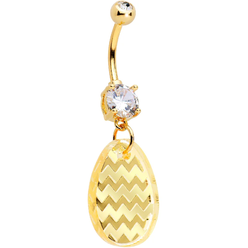 Comfortable Belly Rings for Casual Wear -Clear Gem Yellow Golden Easter Decorated Egg Dangle Belly Ring