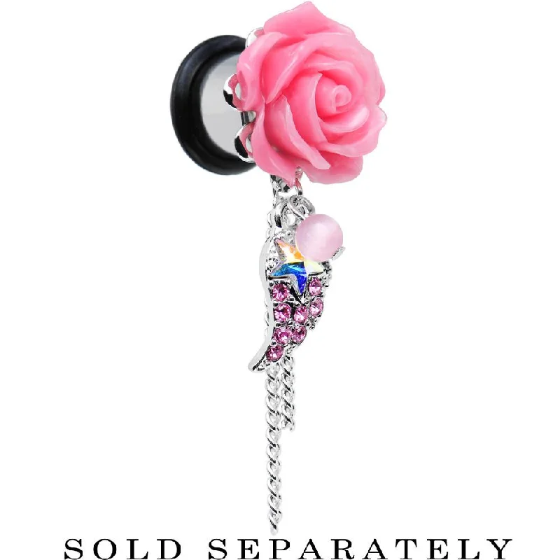Women's Earrings – Elegant Designs for Every Personality--Pink Gem Angel Wing and Pink Rose Flower Single Flare Dangle Plug Sizes 0 Gauge to 16mm