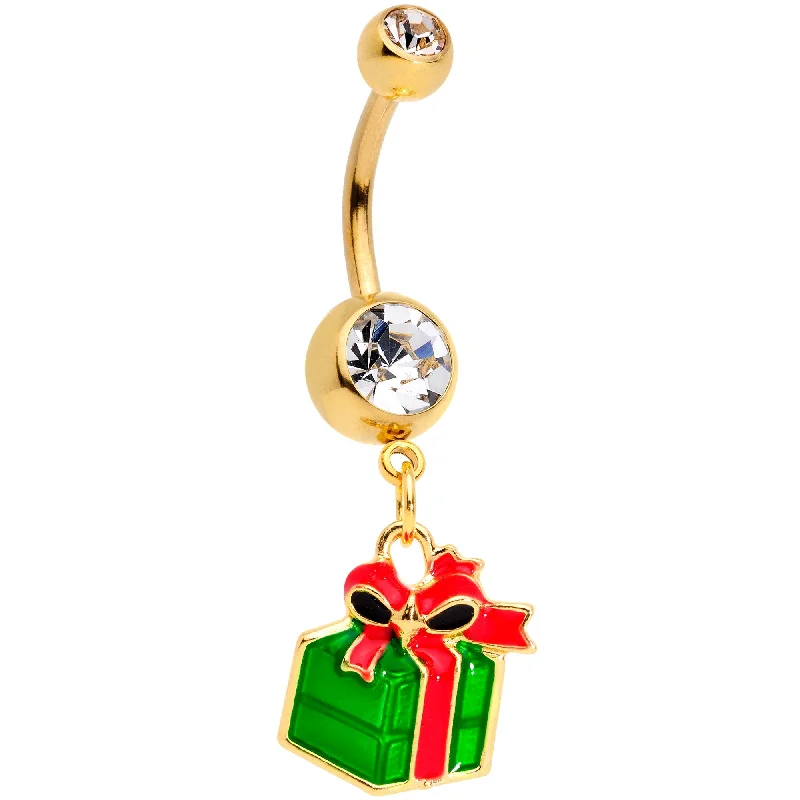 Designer Belly Rings with Stunning Detailing -Clear Gem Gold Tone Green Red Happy Holiday Gift Dangle Belly Ring Designer Belly Rings with Stunning Detailing -Clear Gem Gold Tone Green Red Happy Holiday Gift Dangle Belly Ring