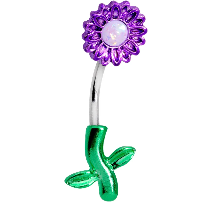 Belly Rings with Unique Gemstones for Stunning Effect -White Faux Opal Purple Sunflower Leaf Double Mount Belly Ring Belly Rings with Unique Gemstones for Stunning Effect -White Faux Opal Purple Sunflower Leaf Double Mount Belly Ring