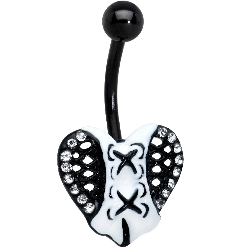 Comfortable Belly Rings for Fashion Forward -Clear Gem Black White Corset Heart Valentines Day Belly Ring Comfortable Belly Rings for Fashion Forward -Clear Gem Black White Corset Heart Valentines Day Belly Ring