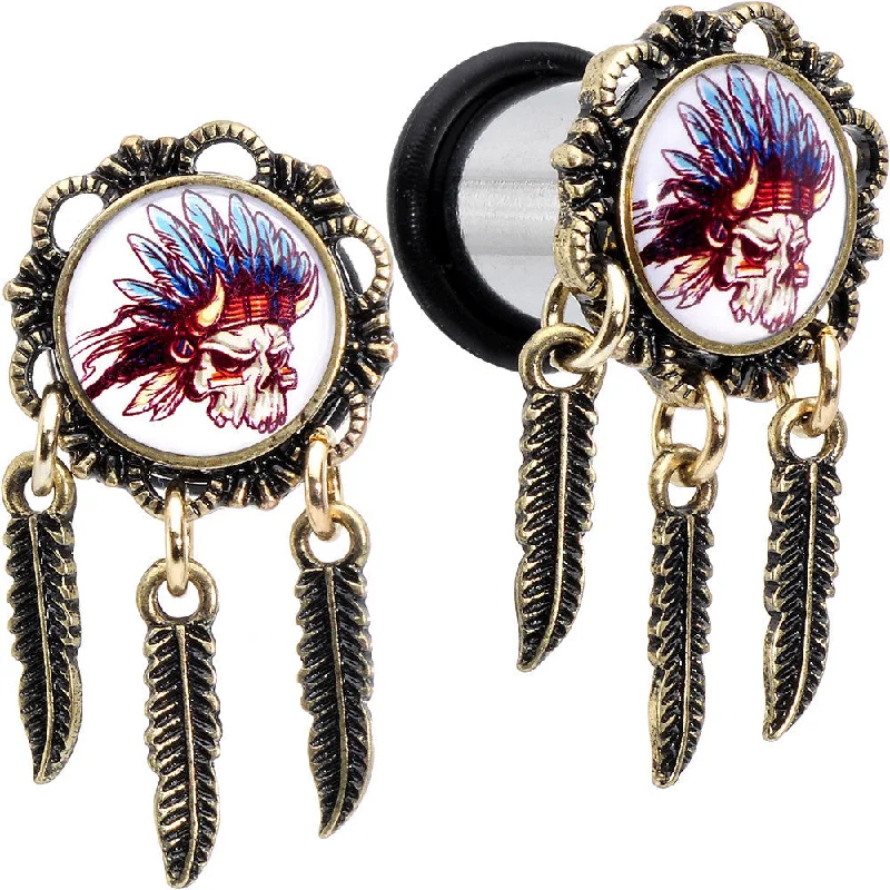 Women's Earrings – Elegant Designs for Every Personality--00 Gauge Steel Indian Skull Single Flare Feather Dangle Plug Set Women's Earrings – Elegant Designs for Every Personality--00 Gauge Steel Indian Skull Single Flare Feather Dangle Plug Set