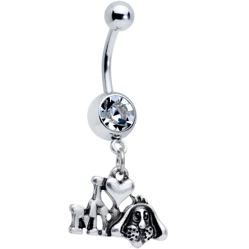 Comfortable Belly Rings for Casual Wear -Clear Gem I Heart My Pooch Dangle Belly Ring Comfortable Belly Rings for Casual Wear -Clear Gem I Heart My Pooch Dangle Belly Ring