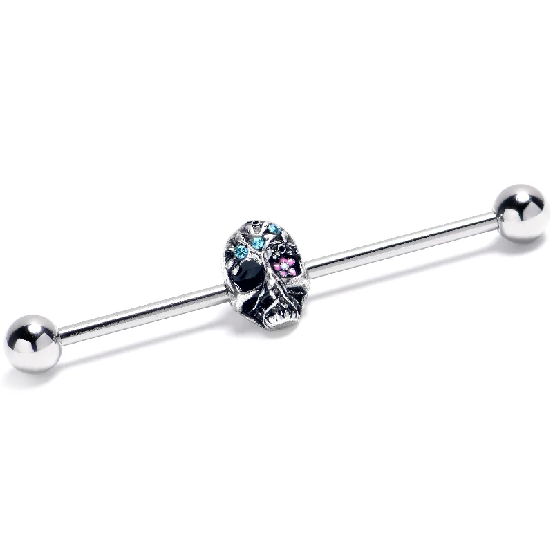 Women's Earrings – Elegant Designs for Every Personality--14 Gauge Blue CZ Gem Stylish Skull Industrial Barbell 38mm