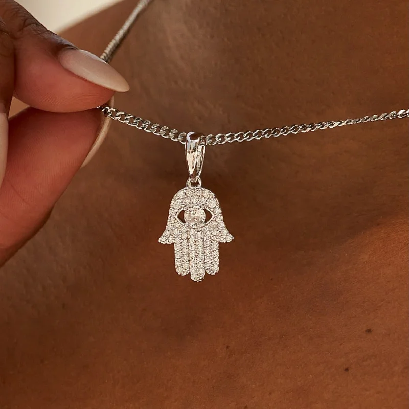 Shop Classic Women's  Necklaces & Pendants with a Modern Twist-Micro Iced Hamsah Pendant in White Gold