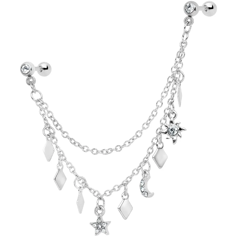 Women's Earrings – Elegant Designs for Every Personality--16 Gauge 1/4 Clear Gem Moon Star Sun Dangle Cartilage Chain Earring