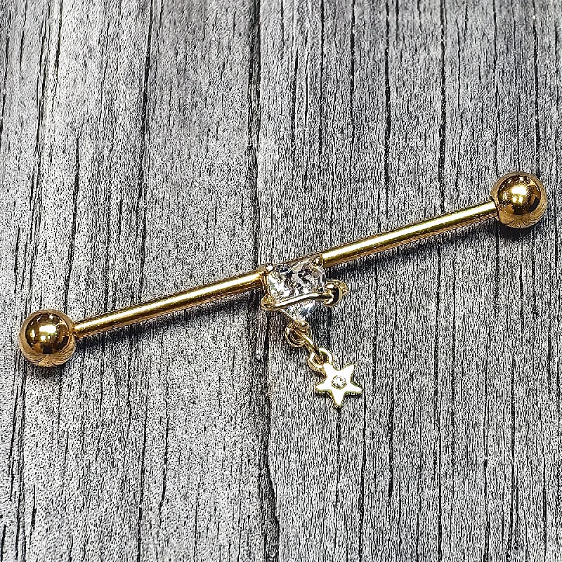 Women's Earrings – Elegant Designs for Every Personality--14 Gauge Clear Gem Gold Tone Starry Saturn Dangle Industrial Barbell 38mm