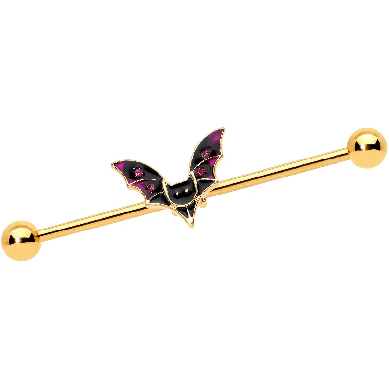 Women's Earrings – Elegant Designs for Every Personality--14 Gauge Pink Gem Gold Tone Vamp Bat Halloween Industrial Barbell 38mm