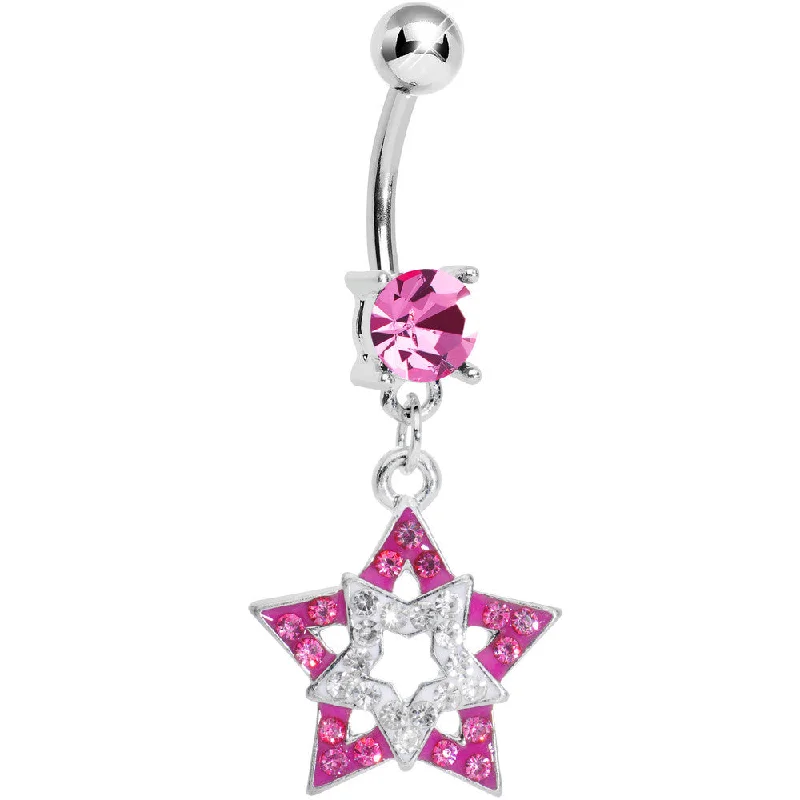 Beautiful Belly Rings with Shiny Stones -Pink Clear Gem Paved Star Within a Star Dangle Belly Ring Beautiful Belly Rings with Shiny Stones -Pink Clear Gem Paved Star Within a Star Dangle Belly Ring