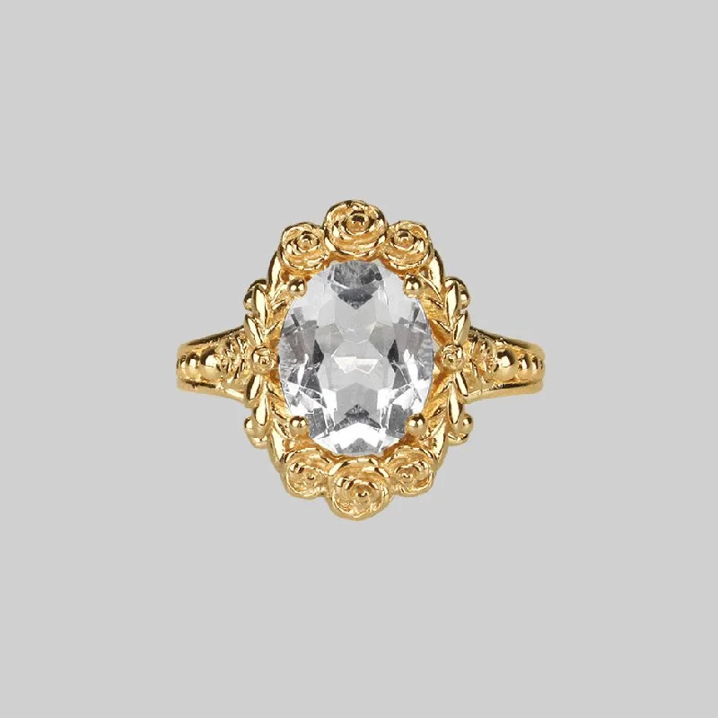 Chic Women's Rings for Fashion-Forward Looks-MARIA. Rose Wreath Clear Quartz Gold Cocktail Ring Chic Women's Rings for Fashion-Forward Looks-MARIA. Rose Wreath Clear Quartz Gold Cocktail Ring